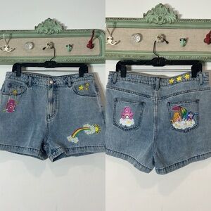 Care bear embroidered patch work denim shorts women’s size xl new with tags blue